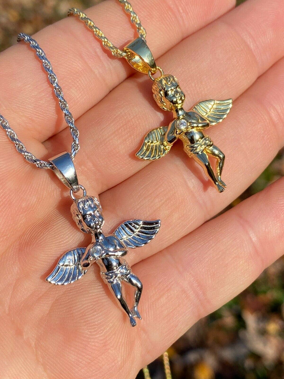 Real Solid 925 Silver Micro Angel Cherub Hip Hop Pendant Gold Necklace Praying