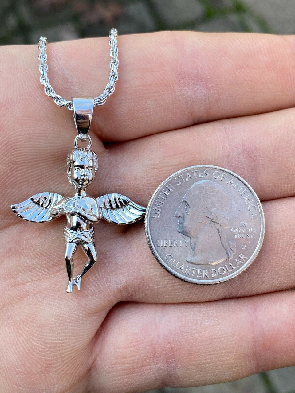 Real Solid 925 Silver Micro Angel Cherub Hip Hop Pendant Gold Necklace Praying