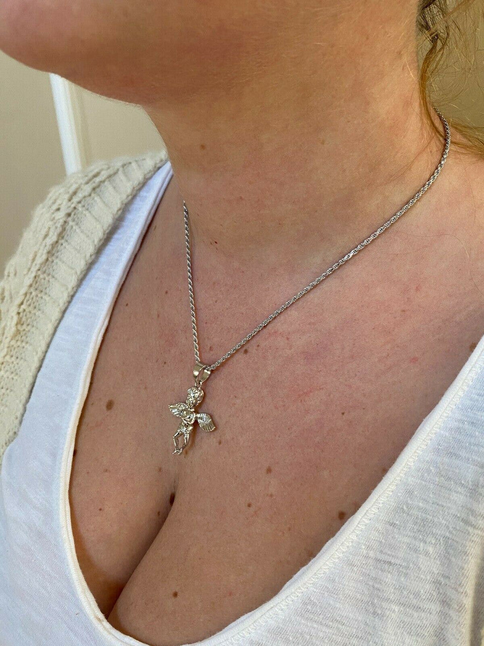 Real Solid 925 Silver Micro Angel Cherub Hip Hop Pendant Gold Necklace Praying