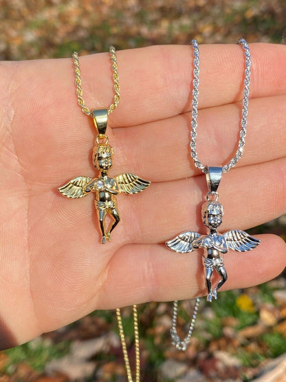 Real Solid 925 Silver Micro Angel Cherub Hip Hop Pendant Gold Necklace Praying