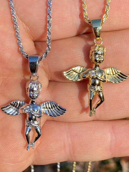Real Solid 925 Silver Micro Angel Cherub Hip Hop Pendant Gold Necklace Praying
