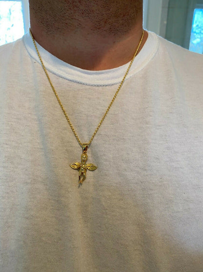 Real Solid 925 Silver Micro Angel Cherub Hip Hop Pendant Gold Necklace Praying