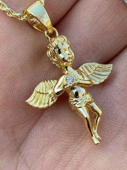 Real Solid 925 Silver Micro Angel Cherub Hip Hop Pendant Gold Necklace Praying