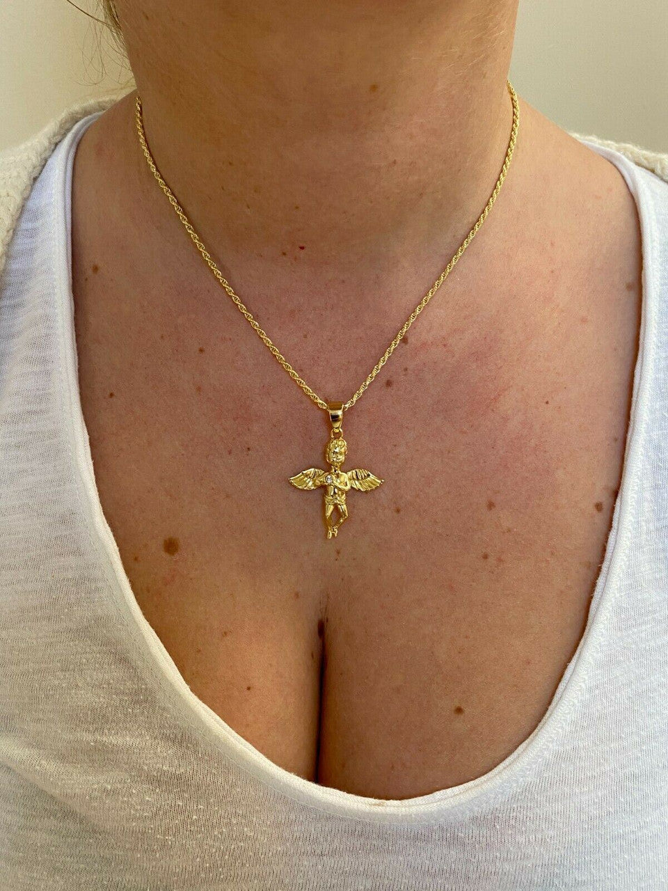 Real Solid 925 Silver Micro Angel Cherub Hip Hop Pendant Gold Necklace Praying