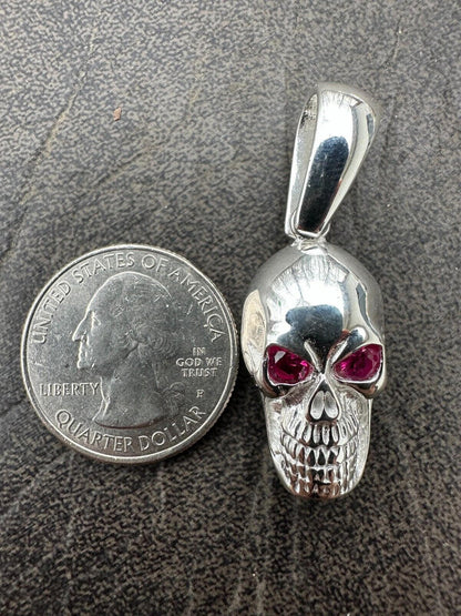 Real Solid 925 Silver Skull W. Red Eyes Pendant Men Or Ladies Emo Goth Necklace