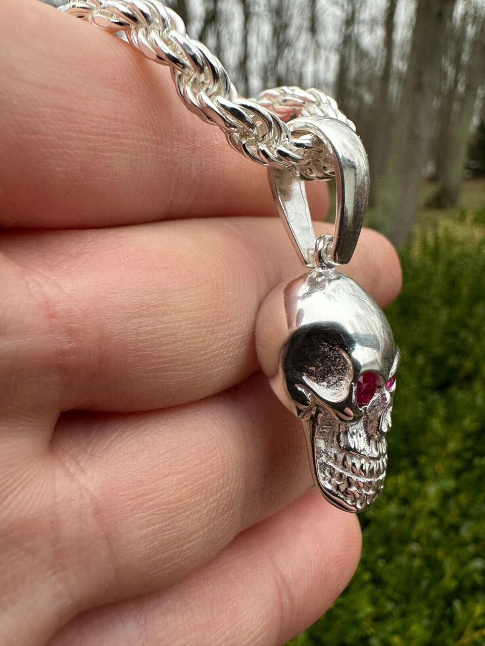 Real Solid 925 Silver Skull W. Red Eyes Pendant Men Or Ladies Emo Goth Necklace