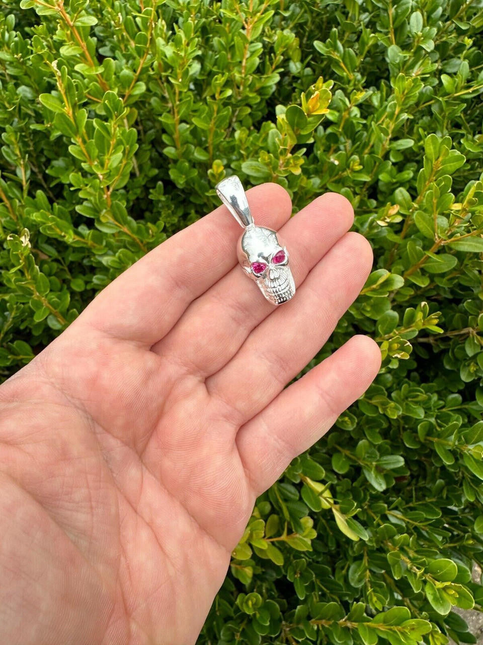 Real Solid 925 Silver Skull W. Red Eyes Pendant Men Or Ladies Emo Goth Necklace