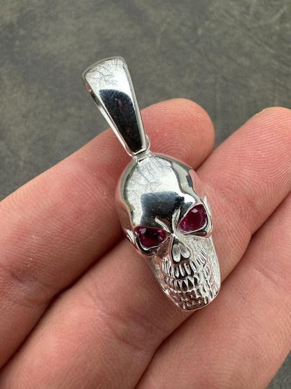 Real Solid 925 Silver Skull W. Red Eyes Pendant Men Or Ladies Emo Goth Necklace