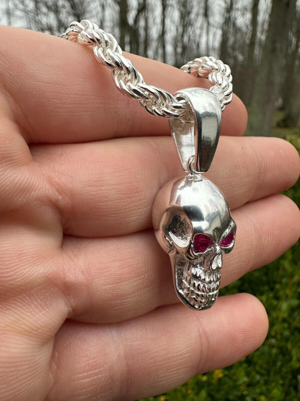 Real Solid 925 Silver Skull W. Red Eyes Pendant Men Or Ladies Emo Goth Necklace