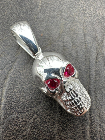 Real Solid 925 Silver Skull W. Red Eyes Pendant Men Or Ladies Emo Goth Necklace