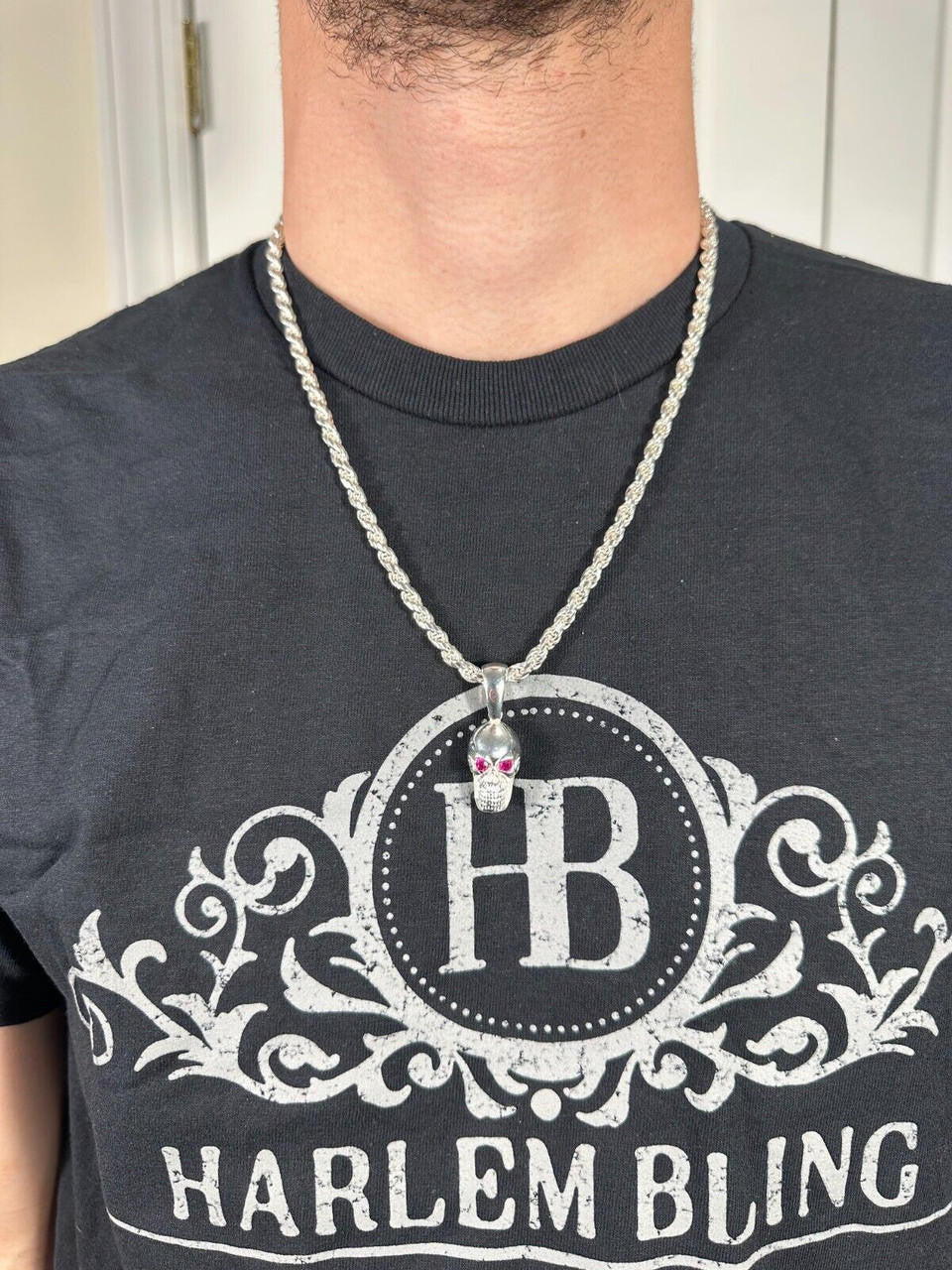 Real Solid 925 Silver Skull W. Red Eyes Pendant Men Or Ladies Emo Goth Necklace