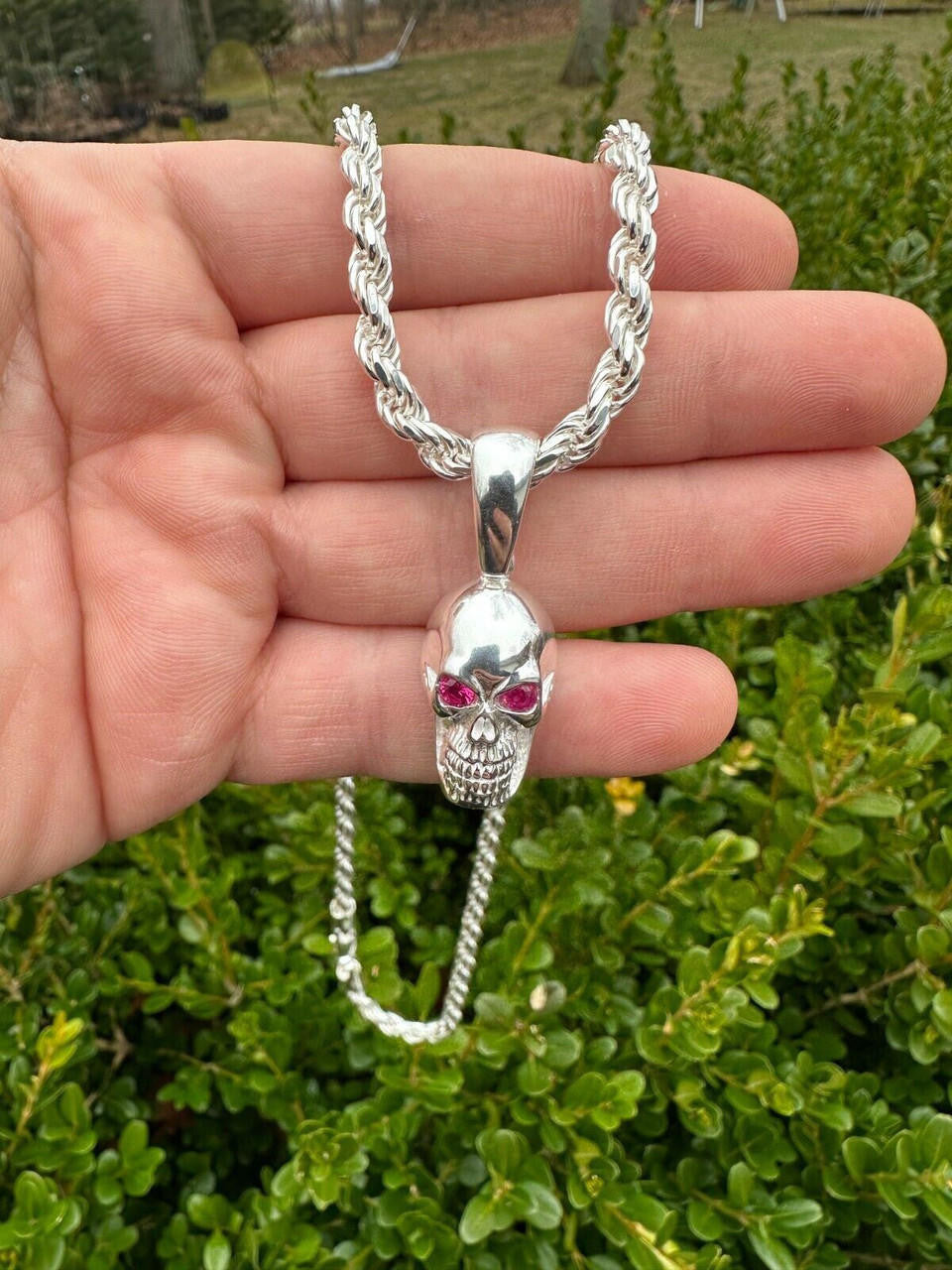 Real Solid 925 Silver Skull W. Red Eyes Pendant Men Or Ladies Emo Goth Necklace