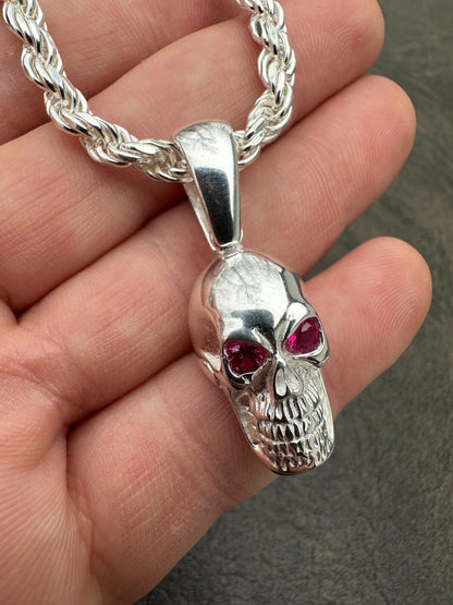 Real Solid 925 Silver Skull W. Red Eyes Pendant Men Or Ladies Emo Goth Necklace