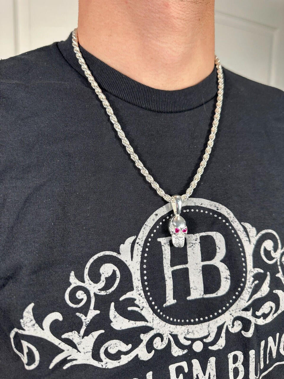 Real Solid 925 Silver Skull W. Red Eyes Pendant Men Or Ladies Emo Goth Necklace