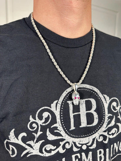 Real Solid 925 Silver Skull W. Red Eyes Pendant Men Or Ladies Emo Goth Necklace