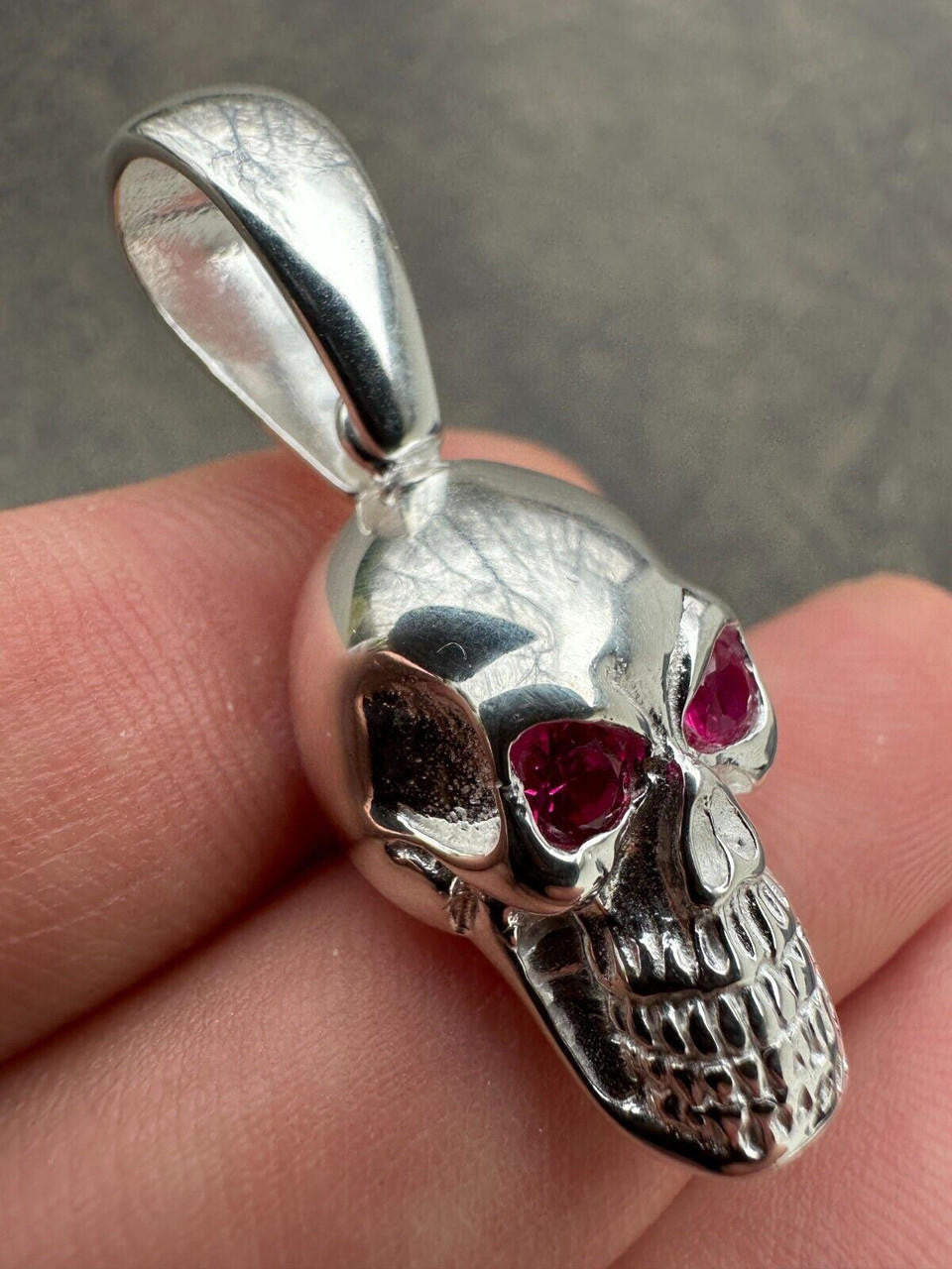 Real Solid 925 Silver Skull W. Red Eyes Pendant Men Or Ladies Emo Goth Necklace