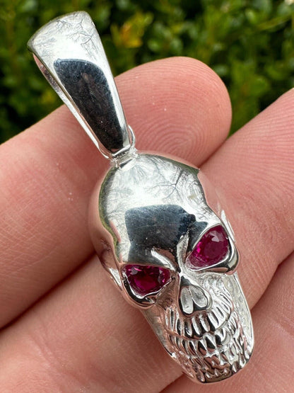 Real Solid 925 Silver Skull W. Red Eyes Pendant Men Or Ladies Emo Goth Necklace