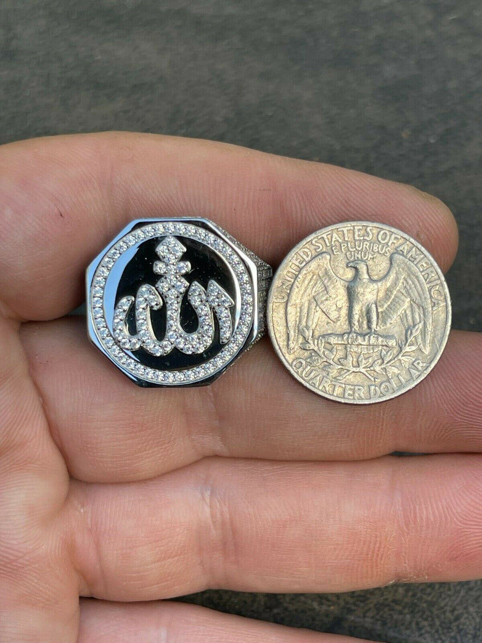 Real Solid 925 Sterling Silver Allah Islamic Arabic Ring Iced Diamond Hip Hop