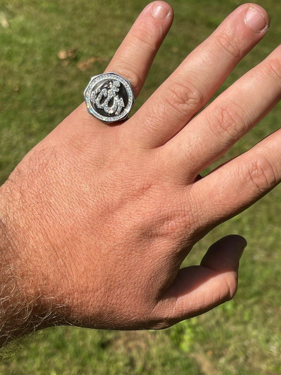 Real Solid 925 Sterling Silver Allah Islamic Arabic Ring Iced Diamond Hip Hop
