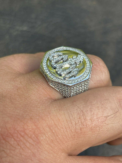 Real Solid 925 Sterling Silver Allah Islamic Arabic Ring Iced Diamond Hip Hop