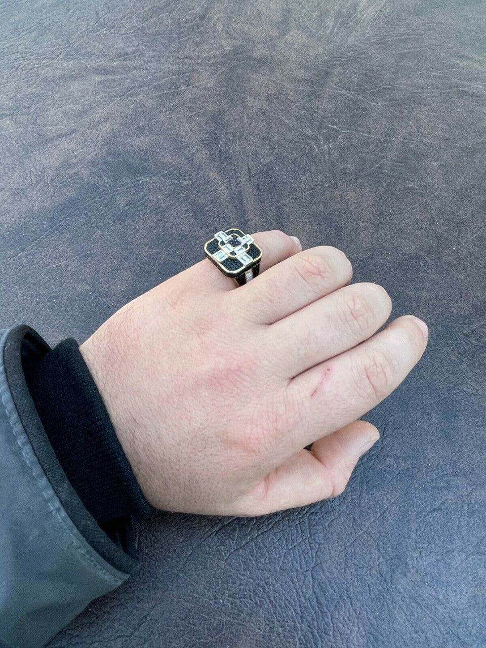 Real Solid 925 Sterling Silver and Gold Mens Baguette Black Diamond Ring Hip Hop