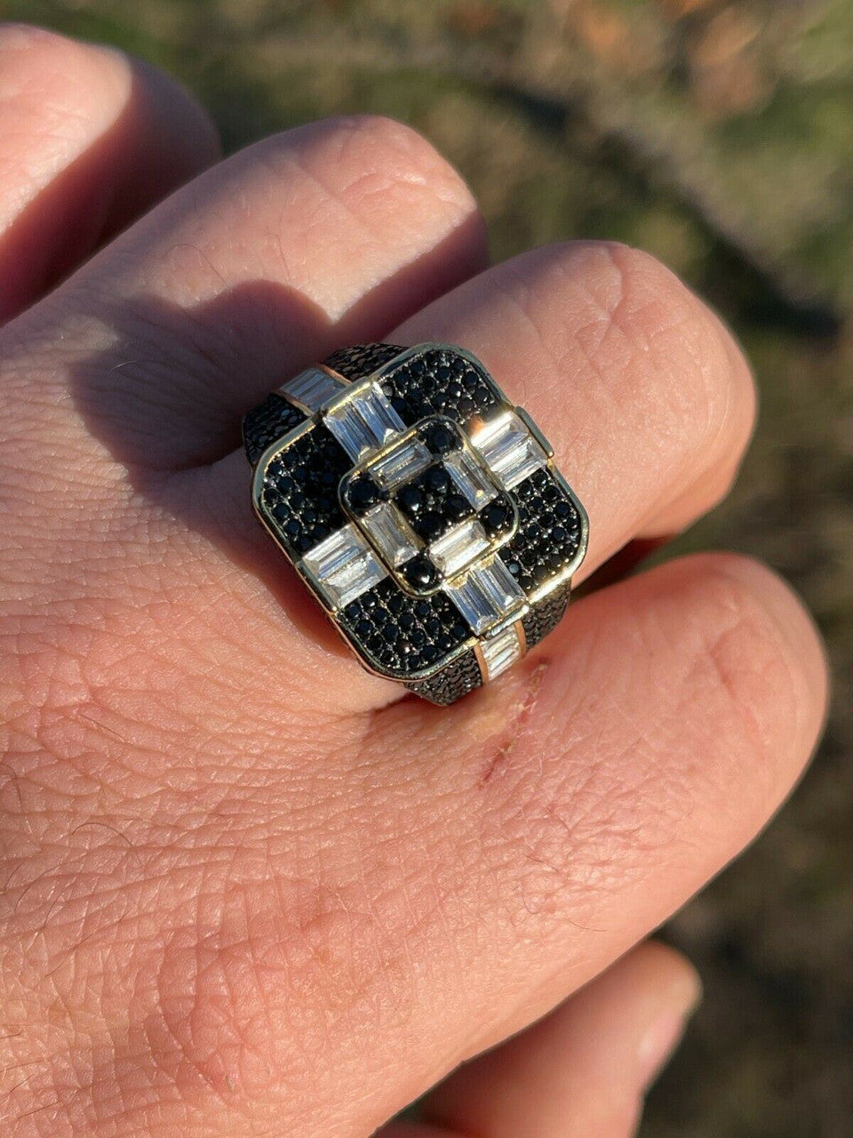 Real Solid 925 Sterling Silver and Gold Mens Baguette Black Diamond Ring Hip Hop