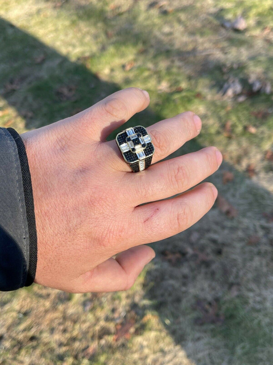 Real Solid 925 Sterling Silver and Gold Mens Baguette Black Diamond Ring Hip Hop