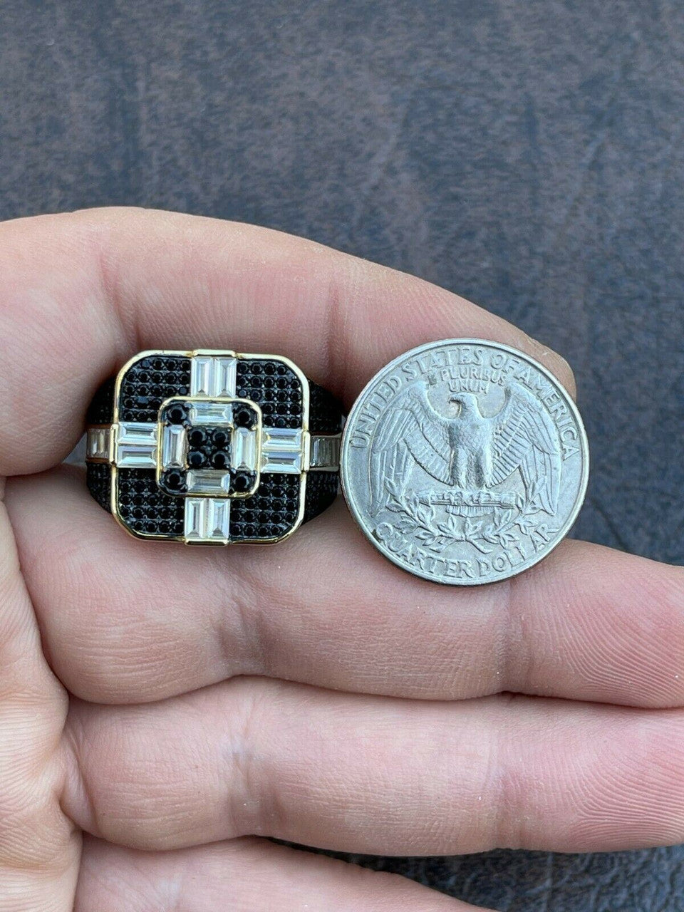 Real Solid 925 Sterling Silver and Gold Mens Baguette Black Diamond Ring Hip Hop