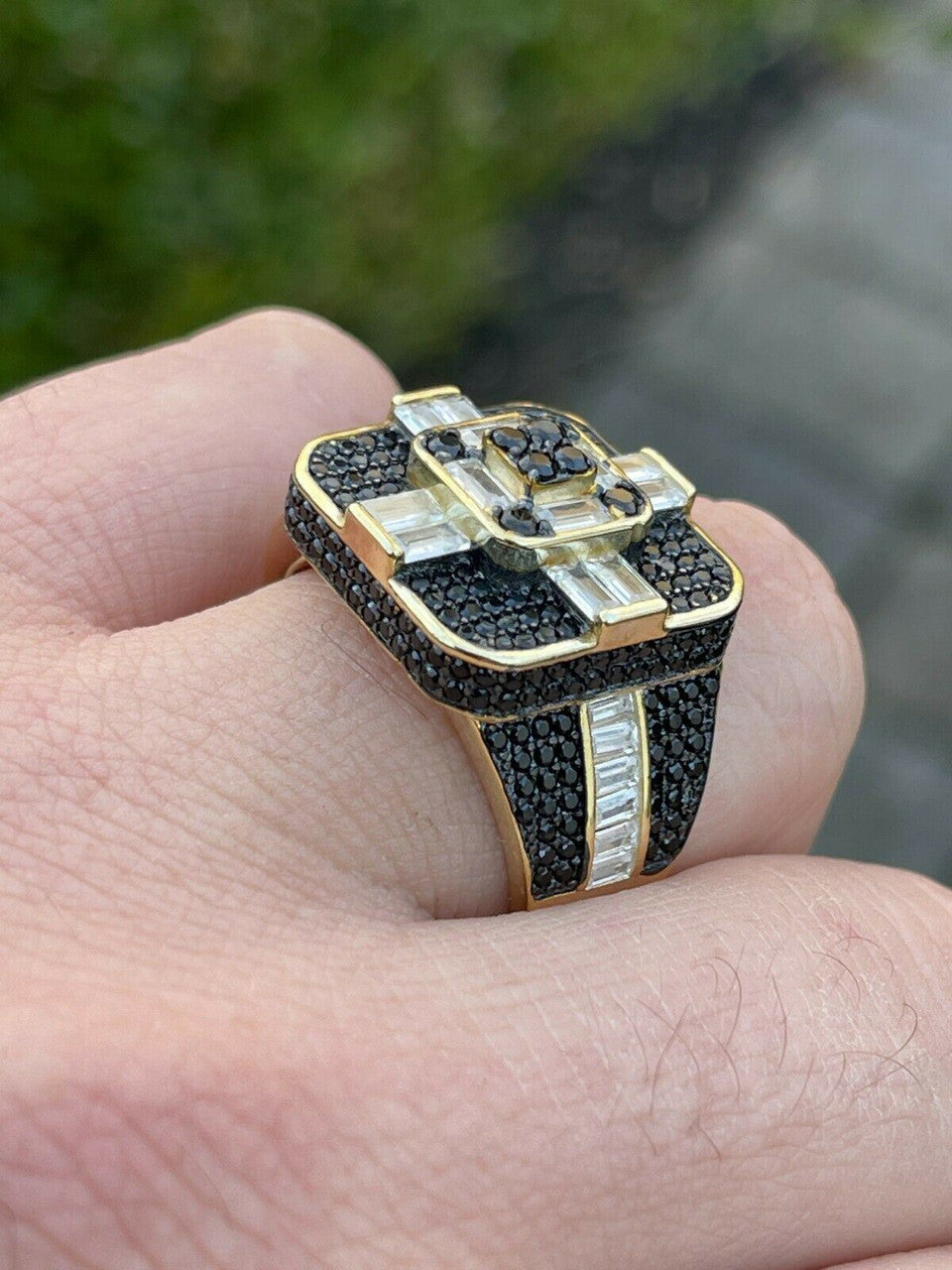 Real Solid 925 Sterling Silver & Gold Men's Baguette Black Diamond