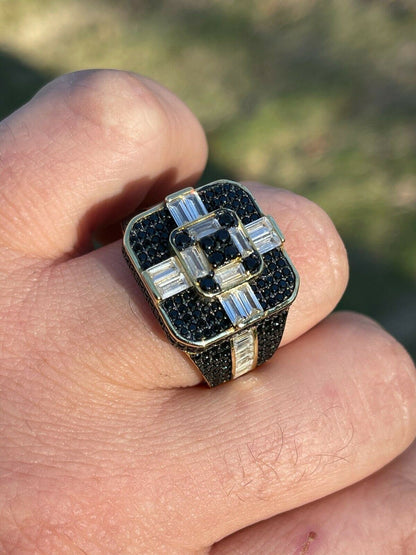 Real Solid 925 Sterling Silver and Gold Mens Baguette Black Diamond Ring Hip Hop