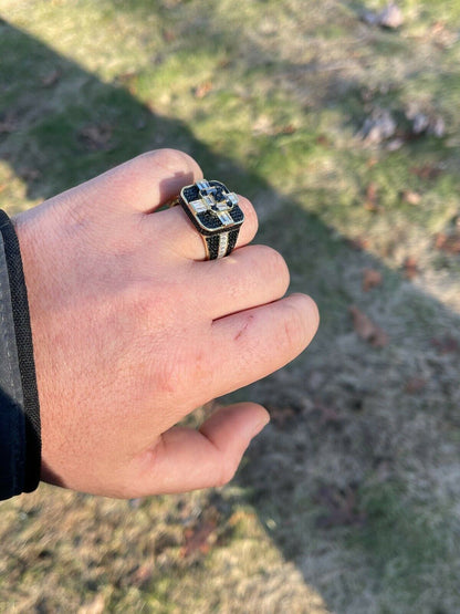 Real Solid 925 Sterling Silver and Gold Mens Baguette Black Diamond Ring Hip Hop