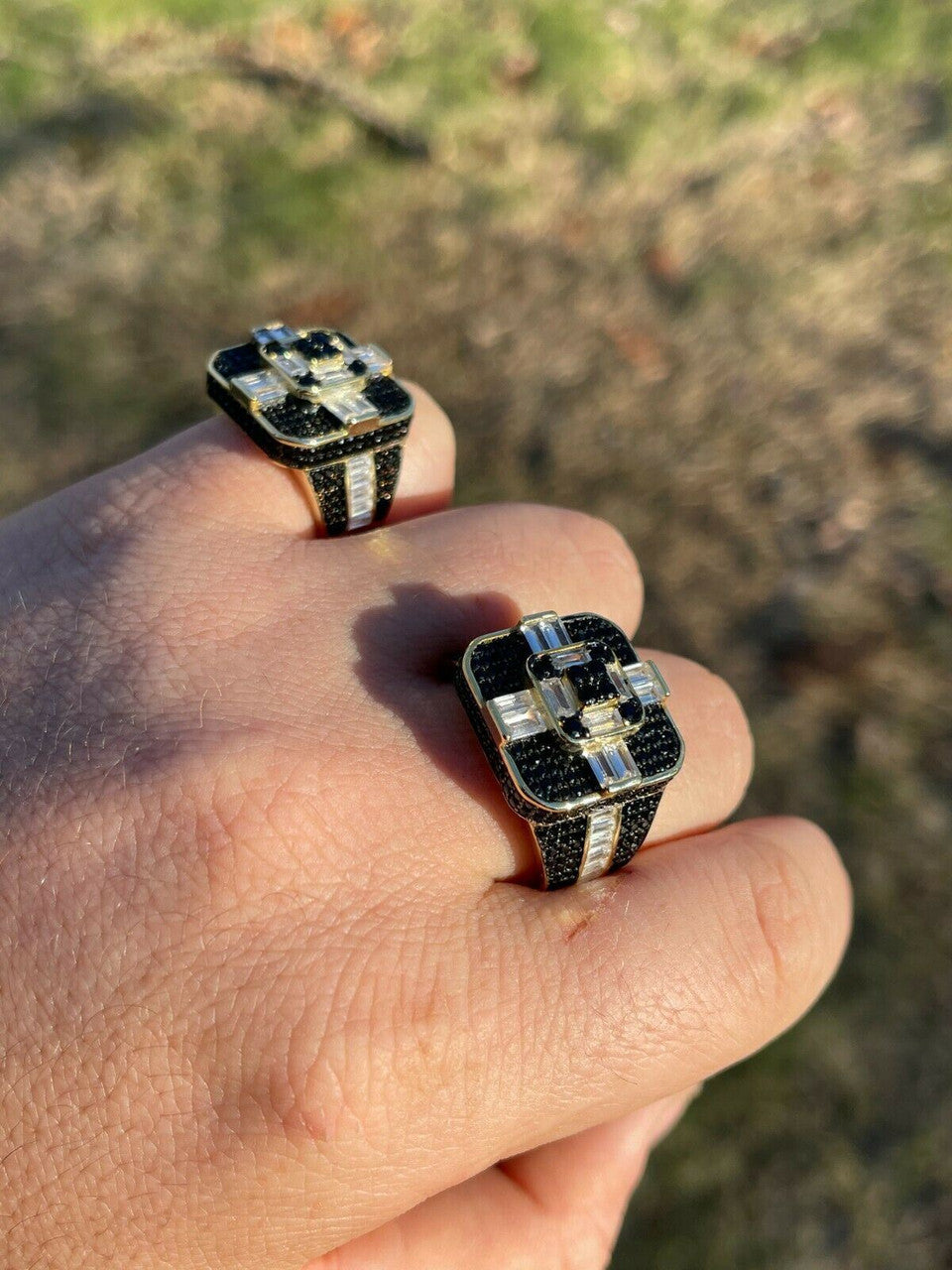 Real Solid 925 Sterling Silver and Gold Mens Baguette Black Diamond Ring Hip Hop