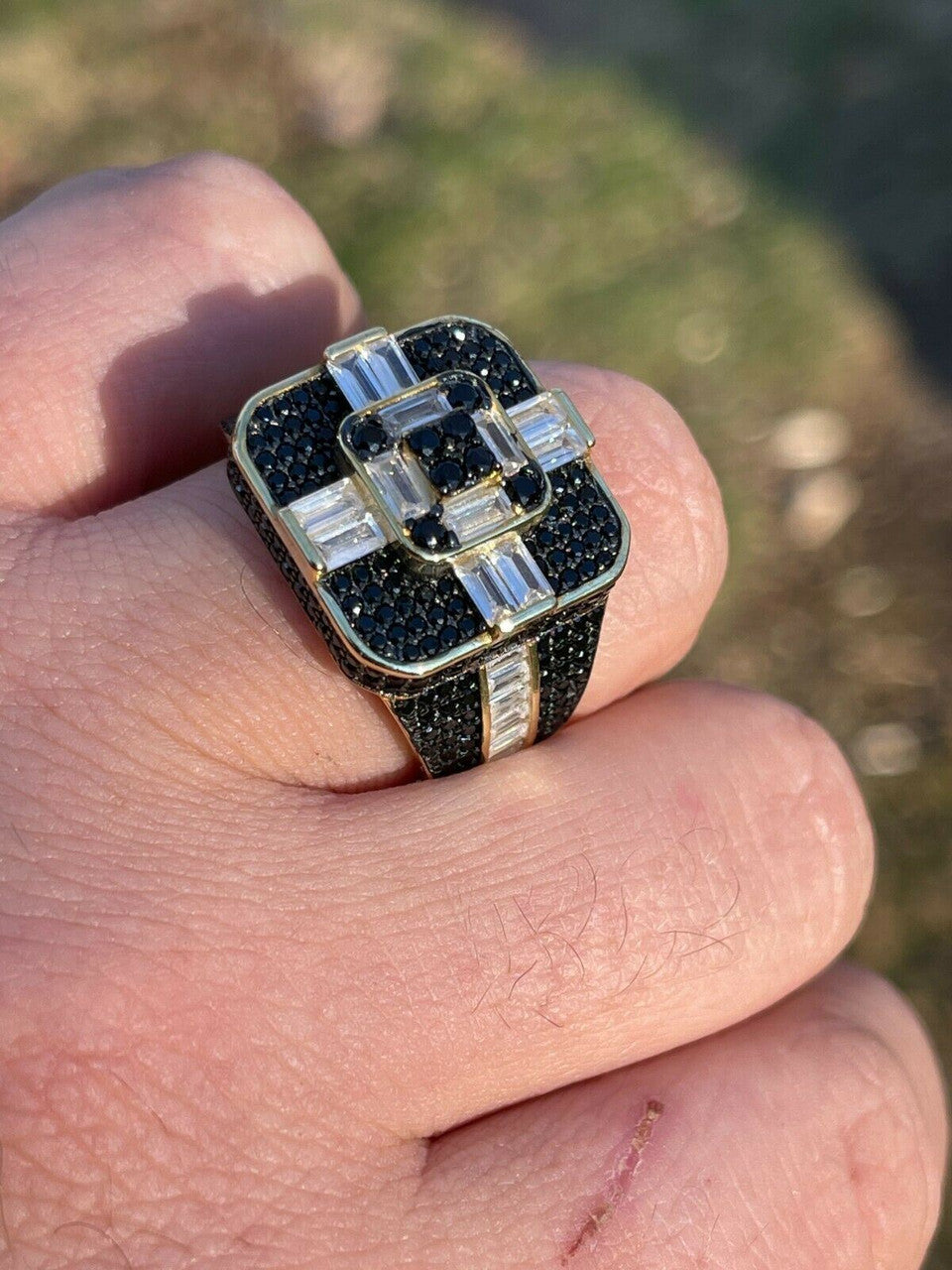 Real Solid 925 Sterling Silver and Gold Mens Baguette Black Diamond Ring Hip Hop