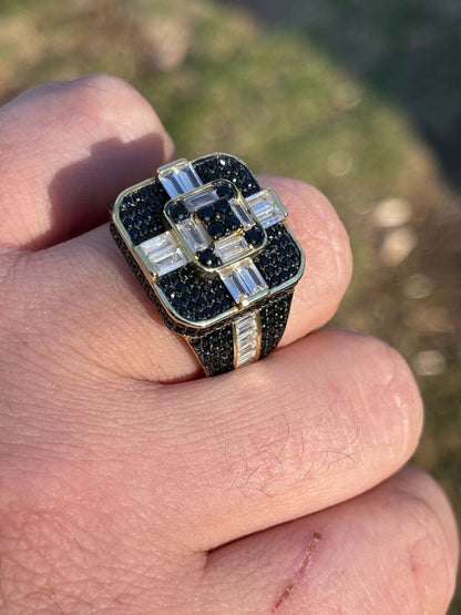Real Solid 925 Sterling Silver and Gold Mens Baguette Black Diamond Ring Hip Hop