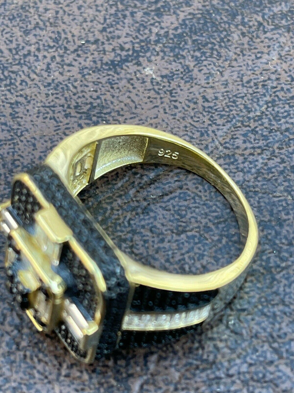 Real Solid 925 Sterling Silver and Gold Mens Baguette Black Diamond Ring Hip Hop