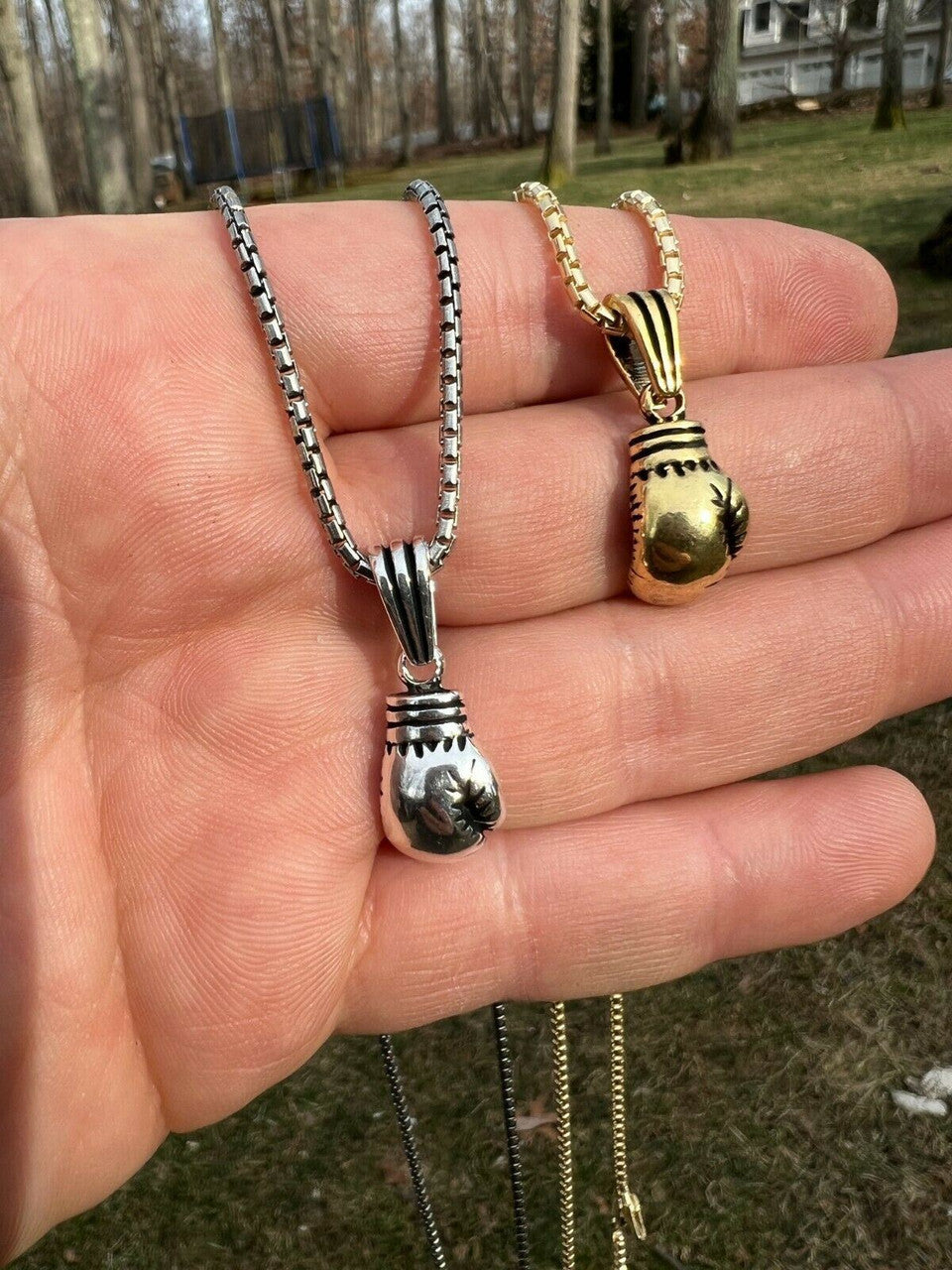 Real Solid 925 Sterling Silver Boxing Gloves Pendant Necklace Gold Mens Boxer