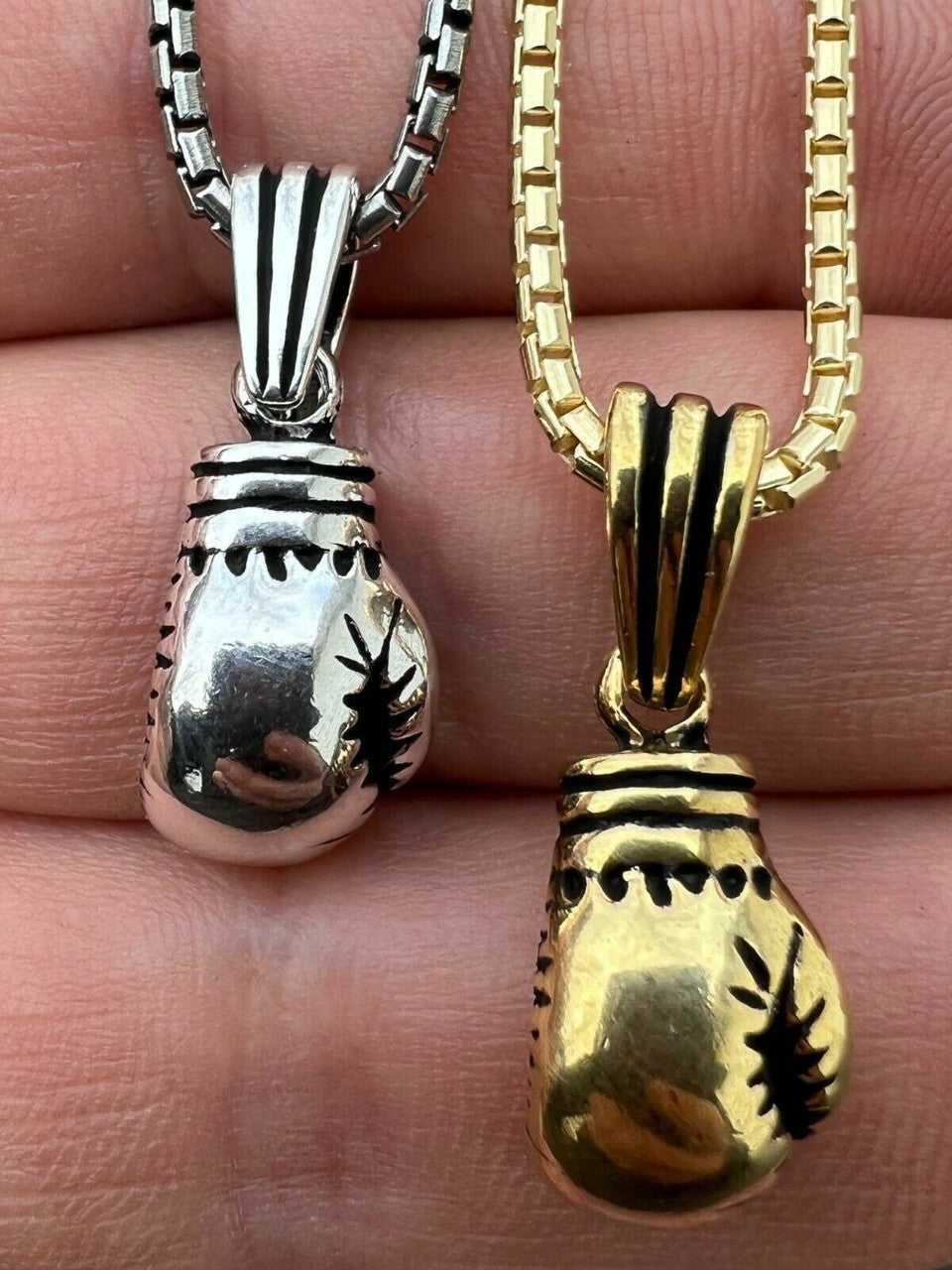 Real Solid 925 Sterling Silver Boxing Gloves Pendant Necklace Gold Mens Boxer