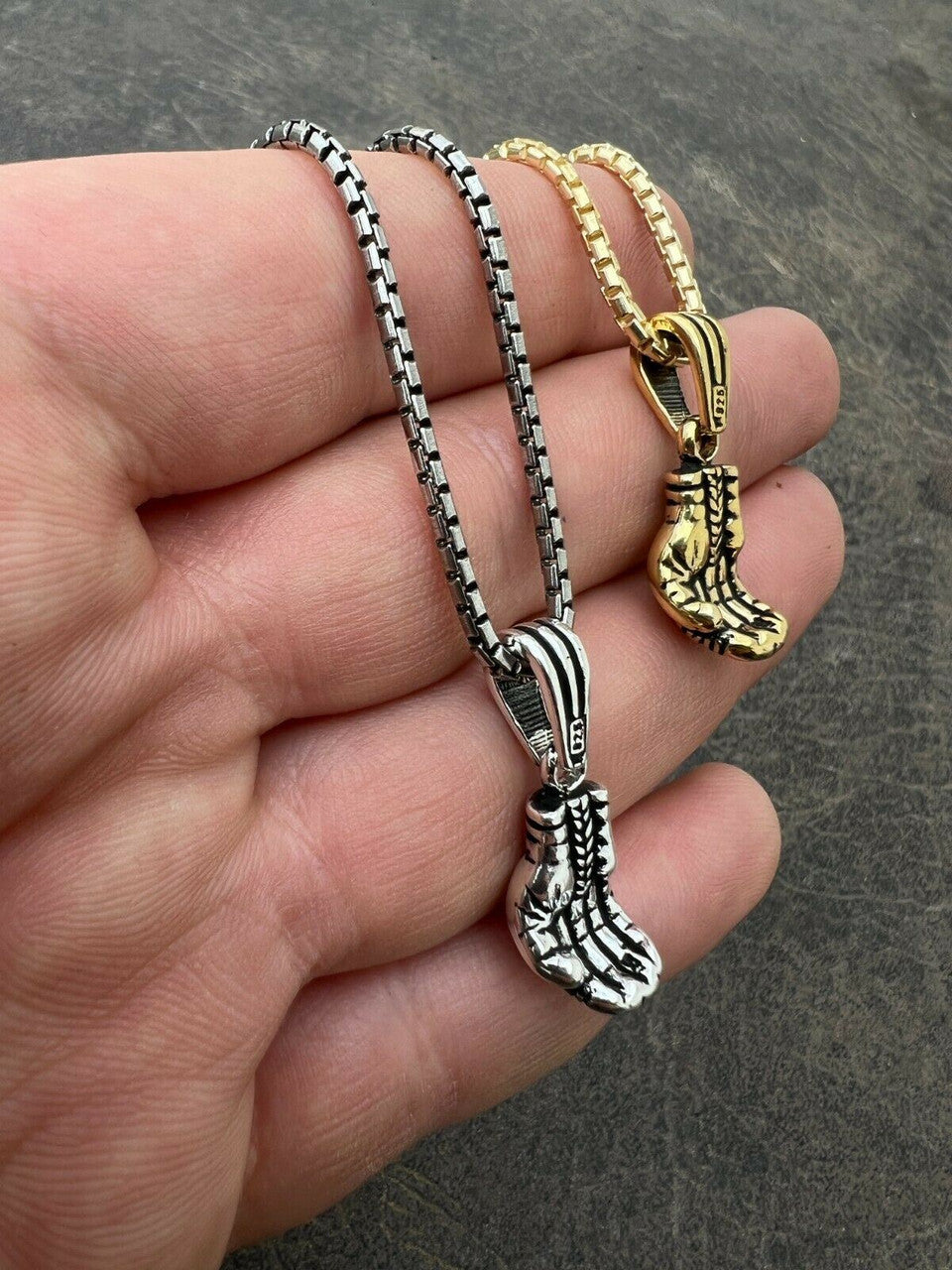 Real Solid 925 Sterling Silver Boxing Gloves Pendant Necklace Gold Mens Boxer