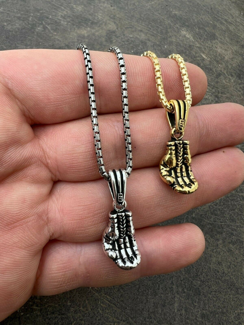 Real Solid 925 Sterling Silver Boxing Gloves Pendant Necklace Gold Mens Boxer