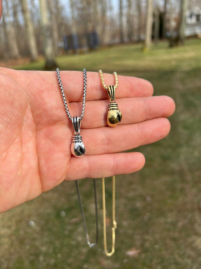 Real Solid 925 Sterling Silver Boxing Gloves Pendant Necklace Gold Mens Boxer