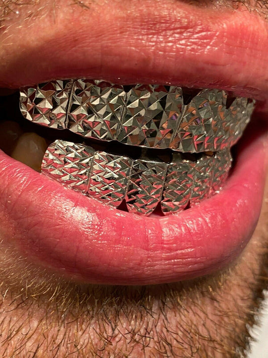 REAL Solid 925 Sterling Silver Diamond Cut Grillz Teeth Fronts Slugs Top Bottom