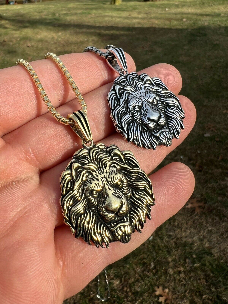Real Solid 925 Sterling Silver / Gold Rasta African Lion Leo Pendant Necklace