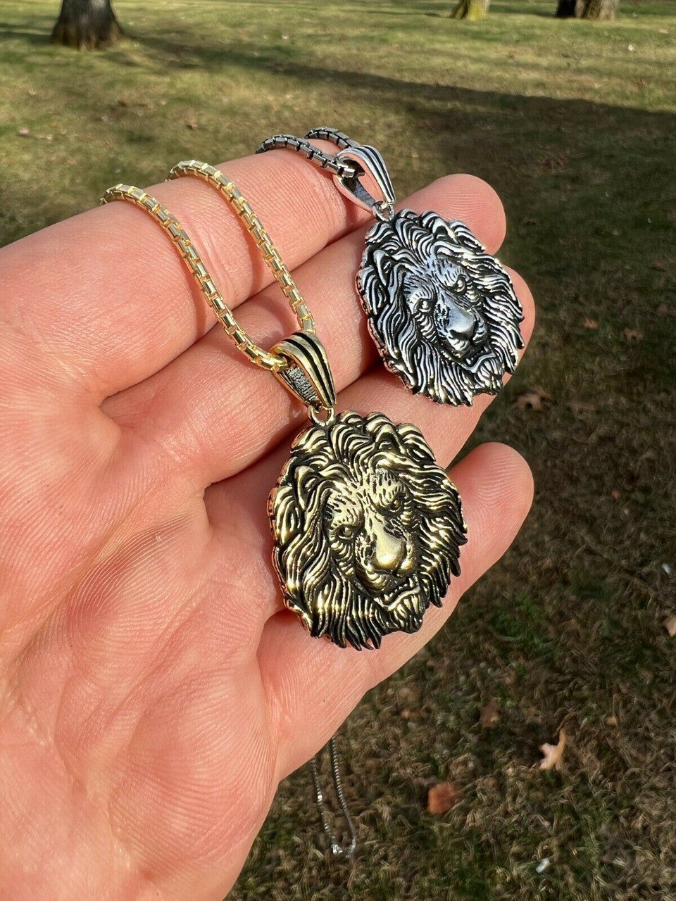 Real Solid 925 Sterling Silver / Gold Rasta African Lion Leo Pendant Necklace