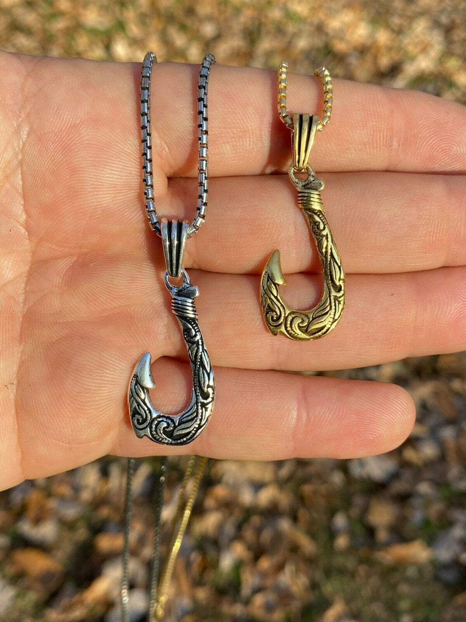 Real Solid 925 Sterling Silver Hawaiian Fishing Hook Large Mens Necklace Gold