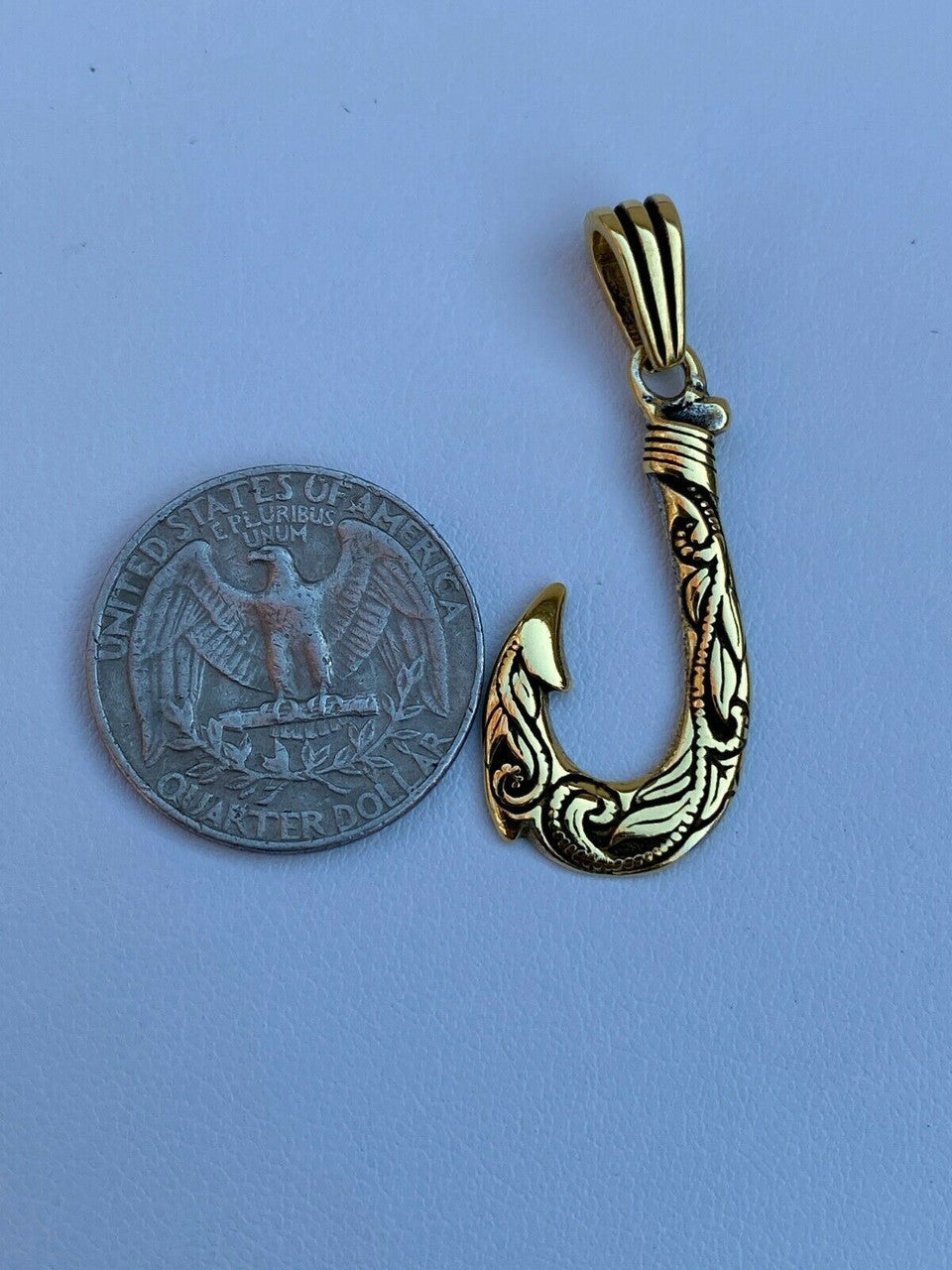Real Solid 925 Sterling Silver Hawaiian Fishing Hook Large Mens Necklace Gold 14k Yellow Gold / Pendant & 22