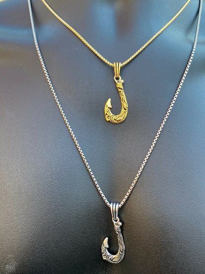 Real Solid 925 Sterling Silver Hawaiian Fishing Hook Large Mens Necklace Gold