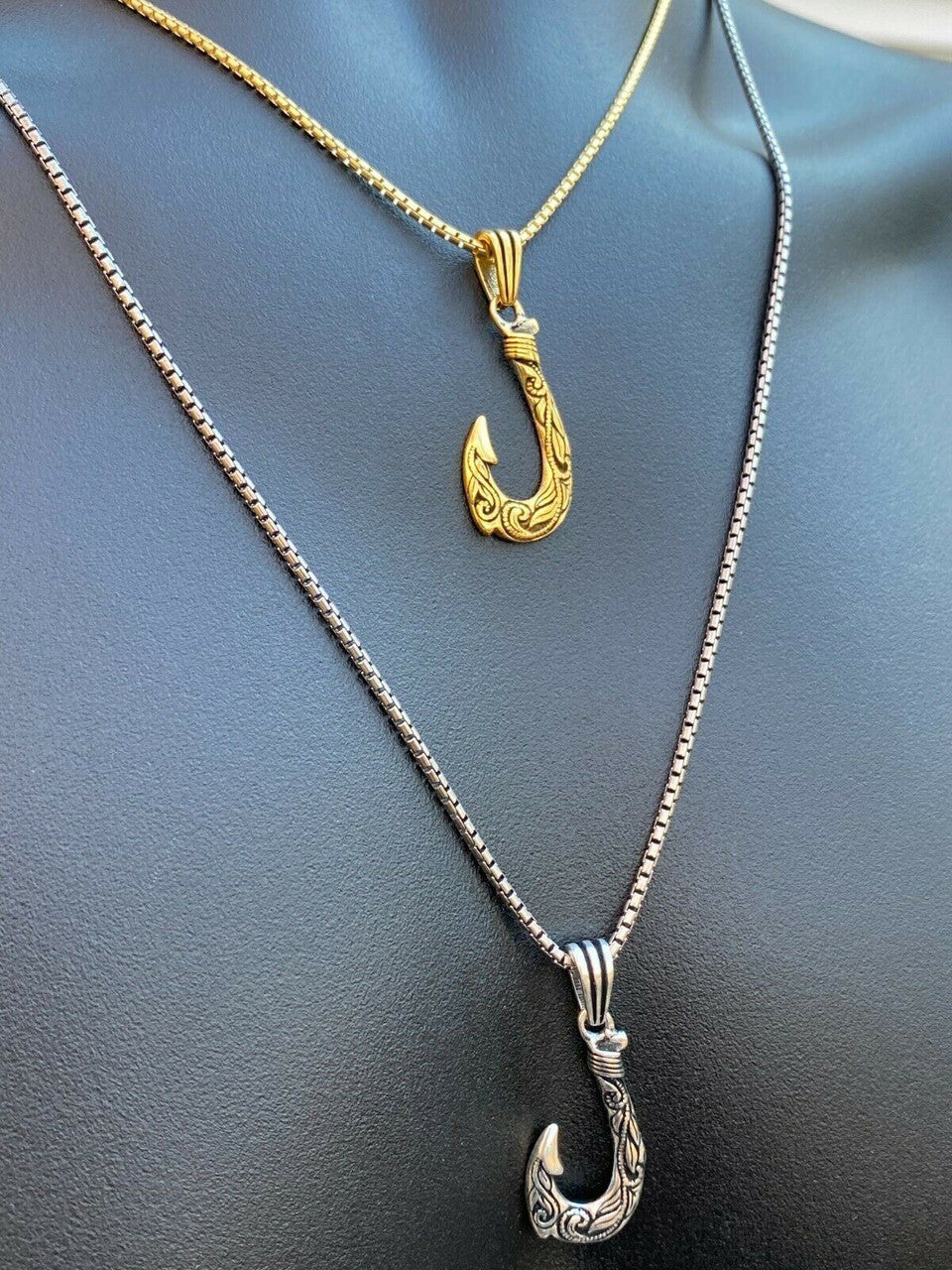 Real Solid 925 Sterling Silver Hawaiian Fishing Hook Large Mens Necklace Gold