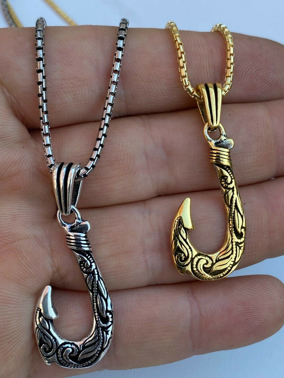 Real Solid 925 Sterling Silver Hawaiian Fishing Hook Large Mens Necklace Gold