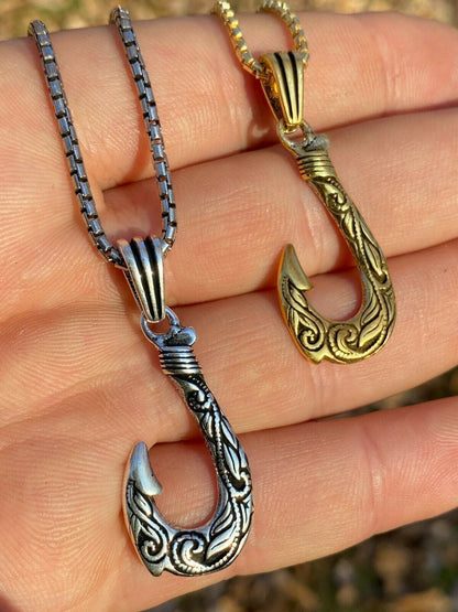 Real Solid 925 Sterling Silver Hawaiian Fishing Hook Large Mens Necklace Gold