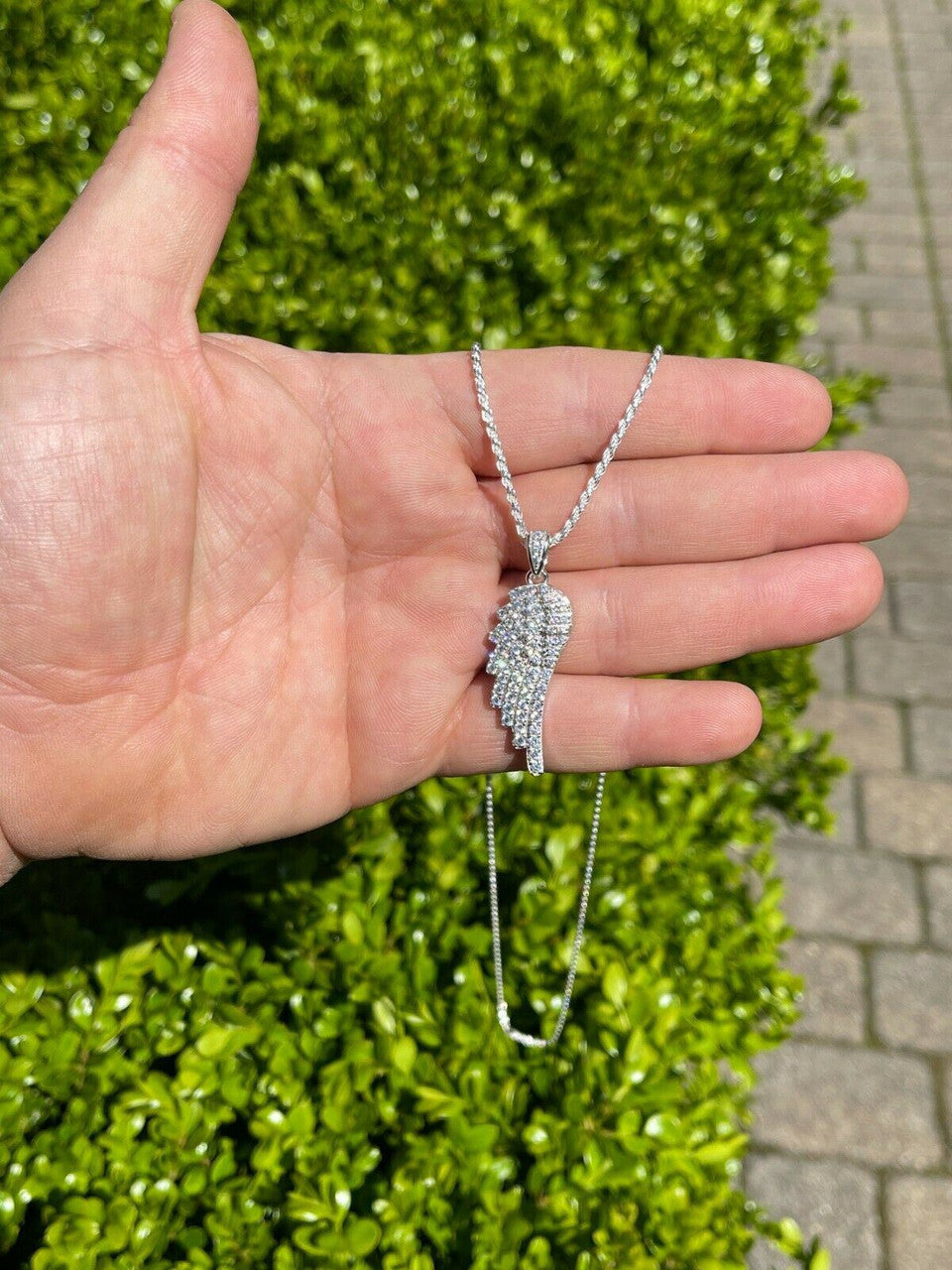 Real Solid 925 Sterling Silver Iced Angel Wing Pendant Hip Hop Diamond Necklace